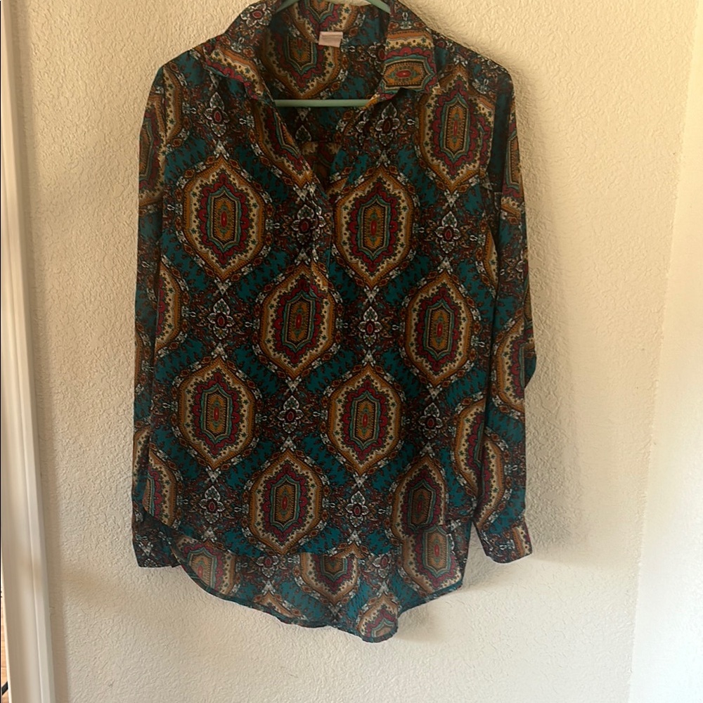 Blue and Brown Graphic Long Sleeve Button Down Blouse